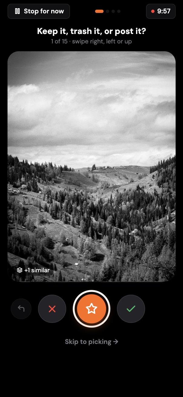 A Time Flies session: swipe a photo to keep it, trash it or post it